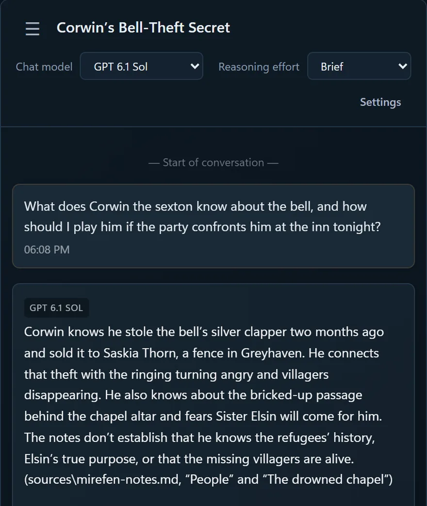 Enhanced DM chat answering what the sexton Corwin knows about a cursed bell, with references to the uploaded campaign notes