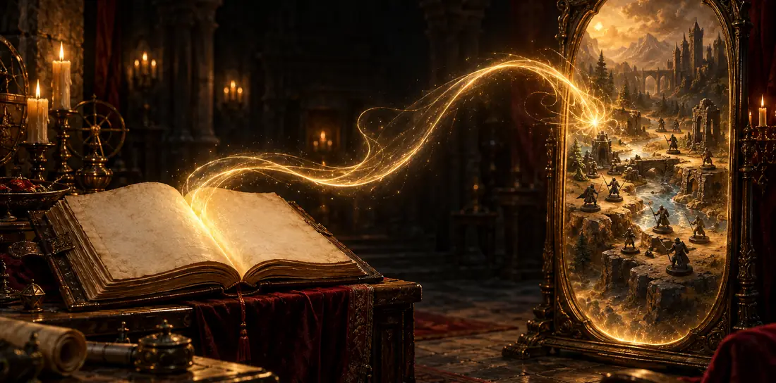 A beam of golden light runs from an open spellbook to a mirror that shows a battle map with miniatures