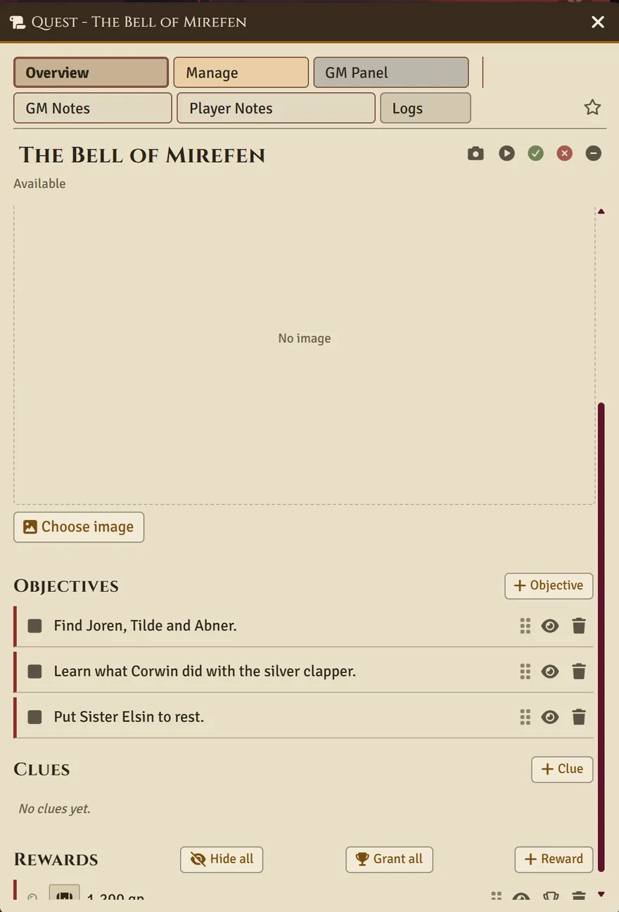 Foundry quest window for The Bell of Mirefen with three open objectives and the reward section