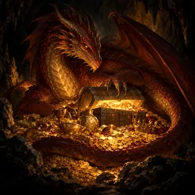 A red dragon curled around a glowing treasure chest in its cave