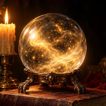 An oracle's crystal ball glowing on a stack of old books